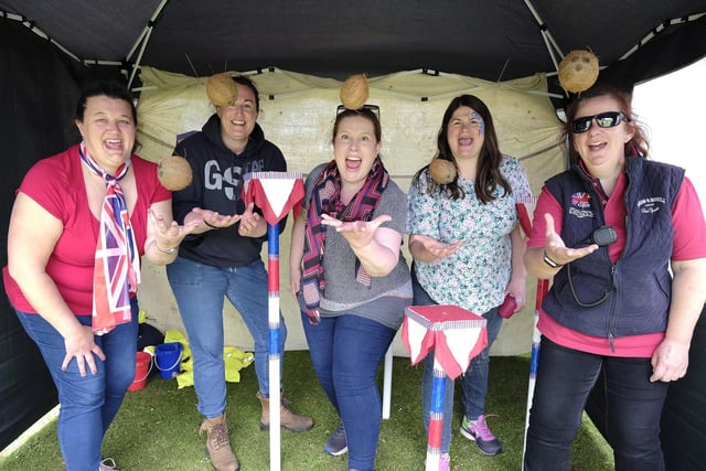 The Snainton organisers have fun on the coconut shy... Alison Jeffels, Joanne Hall, Claire Potter, Claire Jackson, Lara Howgate. Photo: Richard Ponter