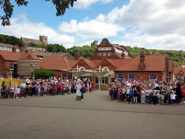 Children and staff at Friarage Community Primary School celebrate the Jubilee.