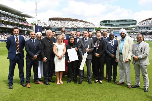 Scarborough College’s Headmaster Guy Emmett, Head of School Chidera Olalere and Sixth Form pupil Emily Hazledine present the Unity Statement during the first men’s Test Match between England and New Zealand.