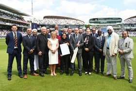 Scarborough College’s Headmaster Guy Emmett, Head of School Chidera Olalere and Sixth Form pupil Emily Hazledine present the Unity Statement during the first men’s Test Match between England and New Zealand.
