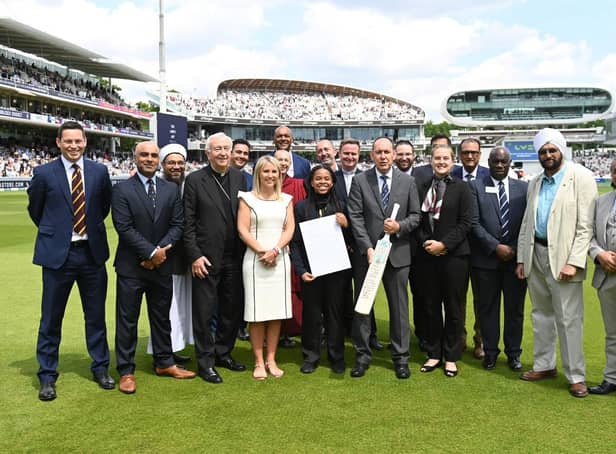 Scarborough College’s Headmaster Guy Emmett, Head of School Chidera Olalere and Sixth Form pupil Emily Hazledine present the Unity Statement during the first men’s Test Match between England and New Zealand.