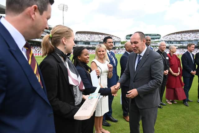 Scarborough College’s Headmaster Guy Emmett, Head of School Chidera Olalere and Sixth Form pupil Emily Hazledine present the Unity Statement during the first men’s Test Match between England and New Zealand.