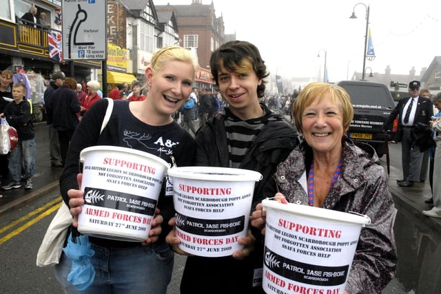 Collecting for good causes on Armed Forces Day are Holly-Louise Binder, left, and Jordan MacDonald, volunteering from Scarborough Sixth Form College, with Beryl Anderson, organiser of the Scarborough Royal British Legion Poppy Appeal.