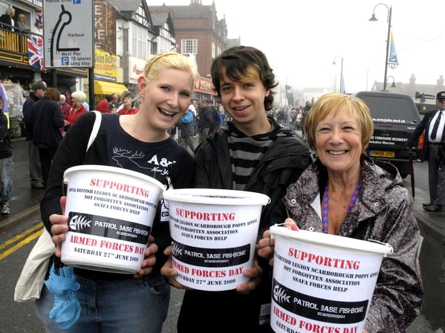Collecting for good causes on Armed Forces Day are Holly-Louise Binder, left, and Jordan MacDonald, volunteering from Scarborough Sixth Form College, with Beryl Anderson, organiser of the Scarborough Royal British Legion Poppy Appeal.