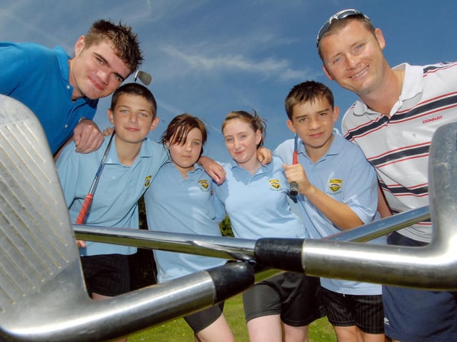 Filey School Golf Day with golf pro Kieran O'Brien, left, and pupils Bradley Grainger, Amy Jack, Megan Allison, Kieran Haw and head of PE Terry Ellis.