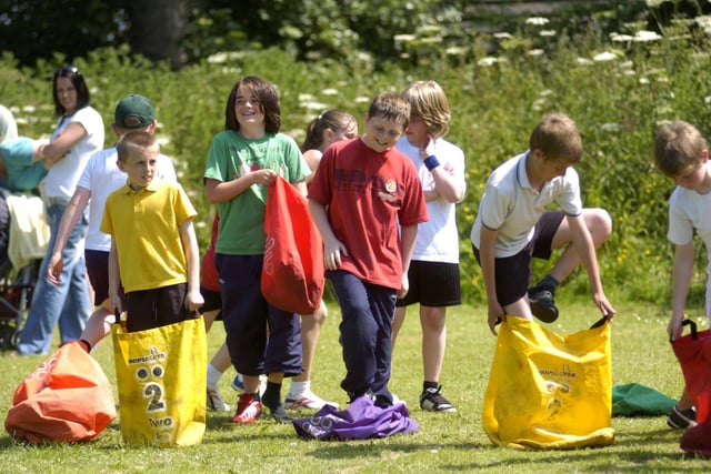 Children get ready for the sack race at Airy Hill Primary School's sports day.