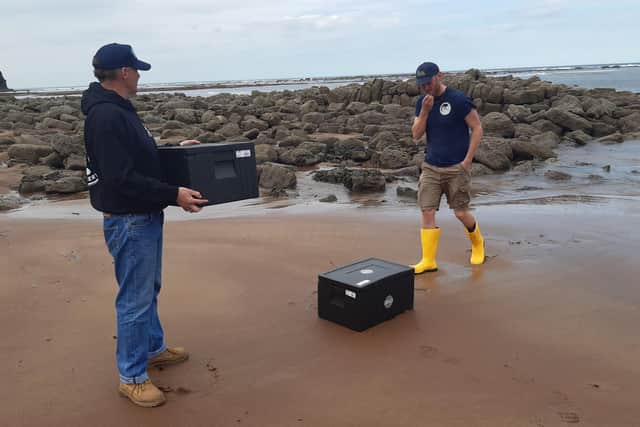 Whitby fisherman James Cole and Joe Redfern, general manager of Whitby Lobster Hatchery, with the cool boxes containing the juvenile lobsters, at Saltwick.