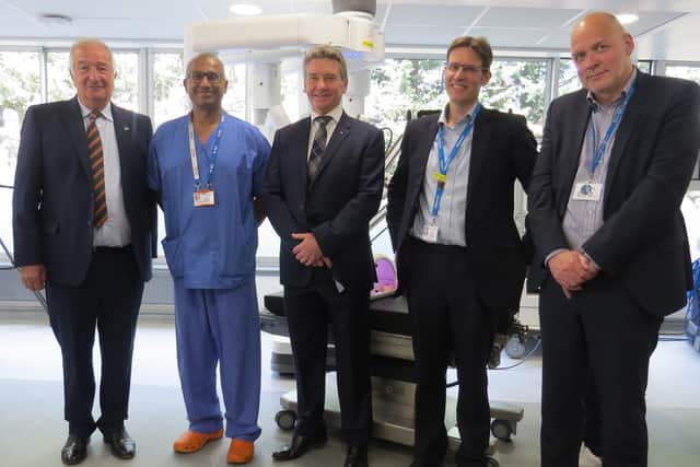 Steve Levison of York Against Cancer, Praminthra Chitsabesan, Colorectal Surgeon, Consultant Urologist Ben Blake-James, Professor Michael Griffin, President Royal College of Surgeons of Edinburgh and Simon Morritt, Chief Executive York and Scarborough Hospitals NHS Foundation Trust.