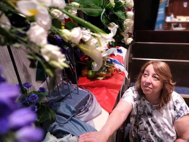 St Laurence's Church Flower Show: Alison Fenton views her display.