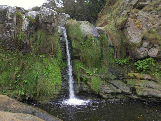 A coastal walk with waterfall at Hayburn Wyke, near Scarborough, where a stream cuts down through cliffs to tumble onto rocky beach below in a double waterfall.