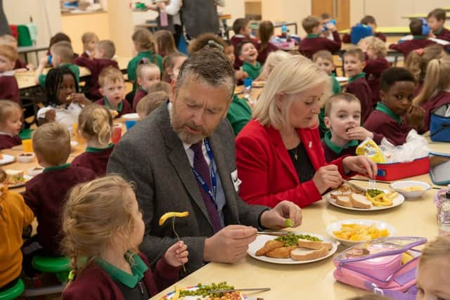 Vicki Logan, Headteacher at Overdale Community Primary School, Scarborough, and Stuart Carlton, North Yorkshire Director of the Children and Young People’s Service - as part of a campaign to encourage more families to take up schools meals. picture: NYCC.