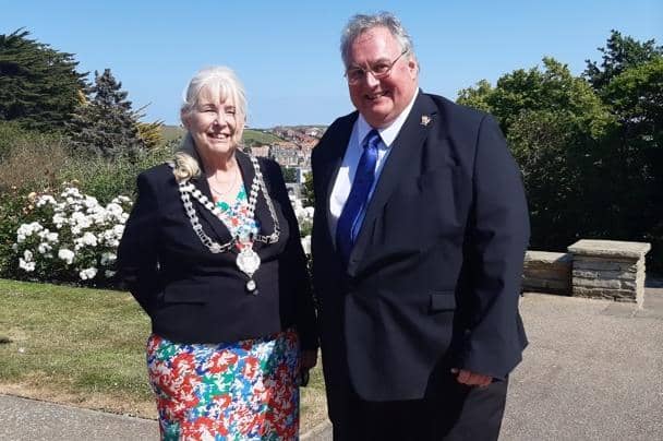 Whitby Mayor, Cllr Linda Wild, with Roger Spink, a Member of the Legislative Assembly of the Falkland Islands.