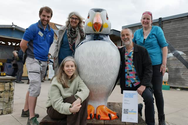 Artist Sarah Dalton (front) with her painted puffin at RSPB Bempton Cliffs with Scott Davidson-Smith, the visitor centre’s operations manager, and Glynis Charlton, Rick Welton and Clare Huby of Puffins Galore!