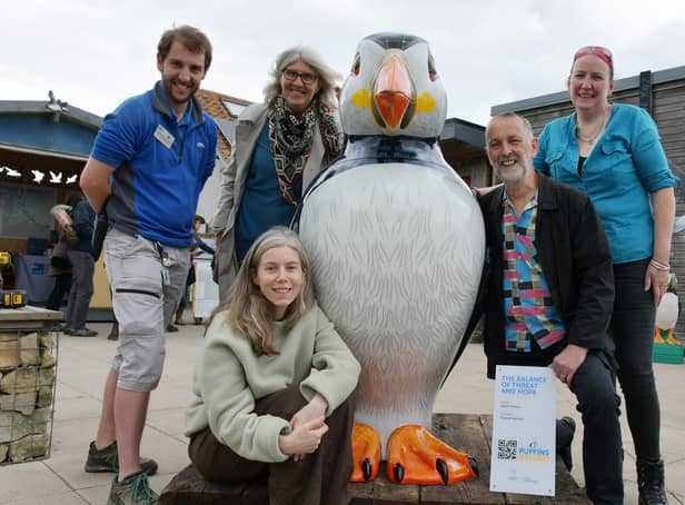 Artist Sarah Dalton (front) with her painted puffin at RSPB Bempton Cliffs with Scott Davidson-Smith, the visitor centre’s operations manager, and Glynis Charlton, Rick Welton and Clare Huby of Puffins Galore!