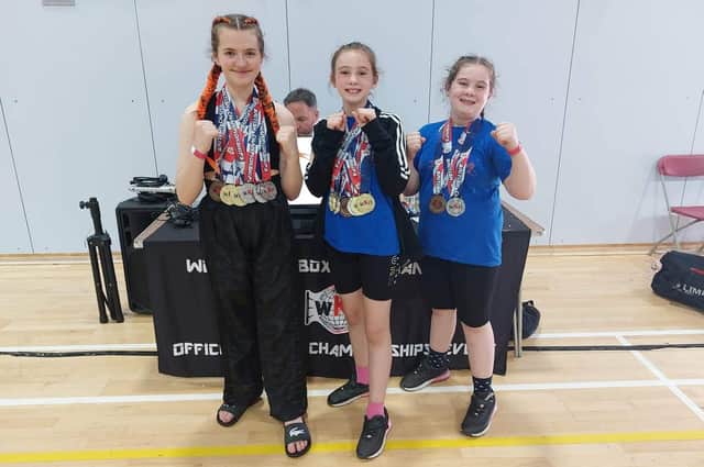 BRITISH STARS: From left, Ruby Miller, Limerick Goodwin and Lilly-Anne Goodwin all sparkled at the WKO British Titami Championships