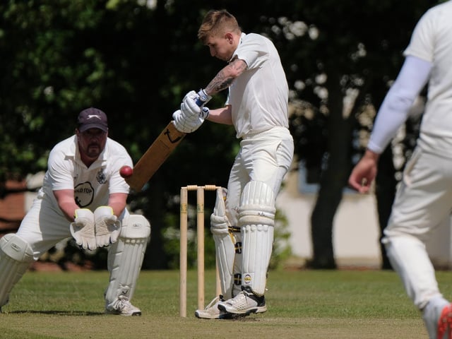 Ollie Varey hits the ball into the offside for visitors Malton 3rds