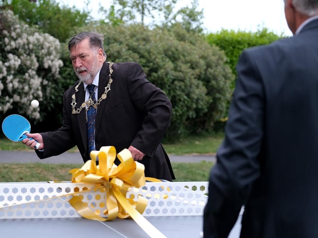 Mayor Eric Broadbent in table tennis action.