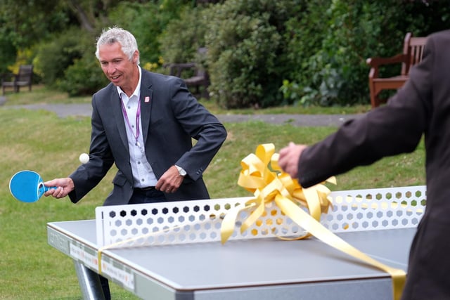 Cllr Rich Maw and Mayor Eric Broadbent take each other on at table tennis