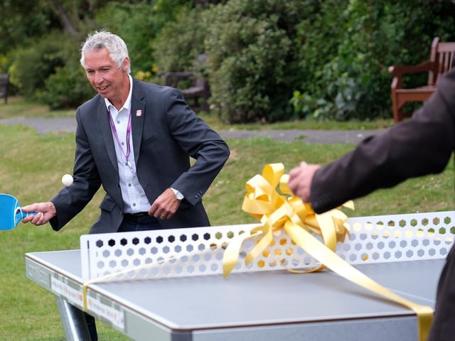 Cllr Rich Maw and Mayor Eric Broadbent take each other on at table tennis