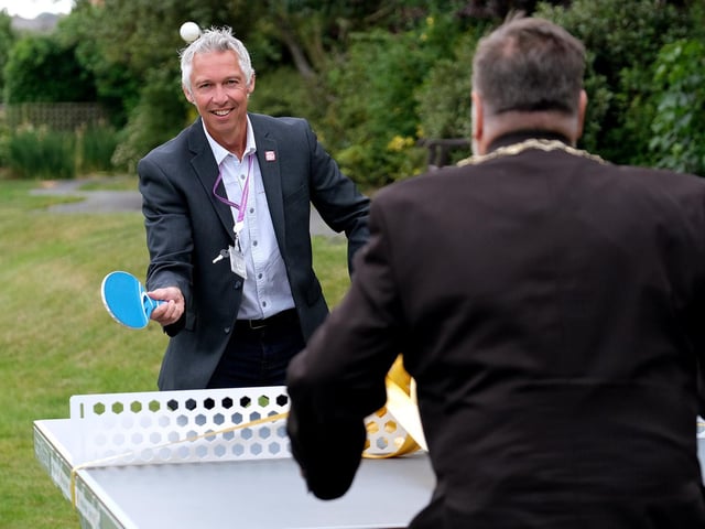 Cllr Rich Maw and Mayor Eric Broadbent put the new table to the test.