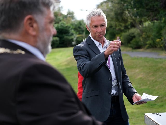 Cllr Rich Maw gives a speech at the official opening of the outdoor table tennis table