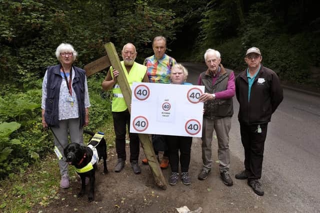 Campaigners Norma Harrison, and Boycie, Robert Peacock, Derek Rowell, Sharon Swain, Cllr David Jeffels and Gareth Swain.
