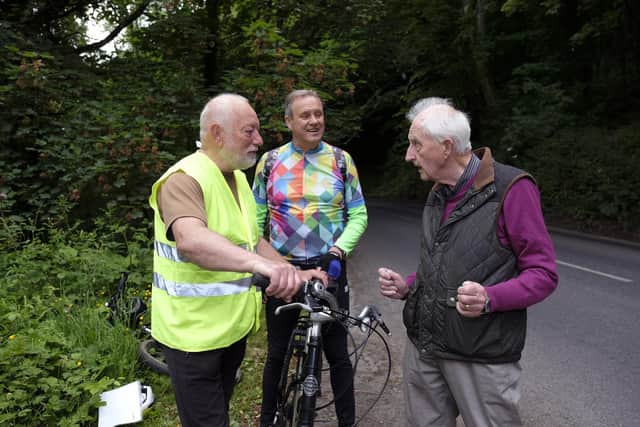 Campaigners Robert Peacock and Derek Rowell chat to Cllr David Jeffels.