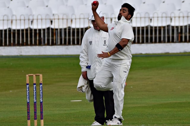All-rounder Prince Bedi in bowling action for the home side
