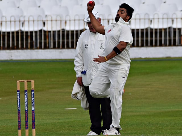 All-rounder Prince Bedi in bowling action for the home side