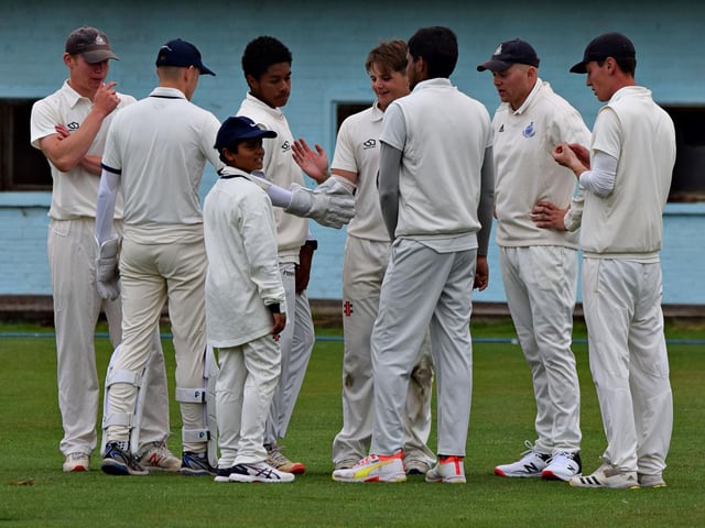 Scarborough CC 2nds celebrate taking a Patrington wicket