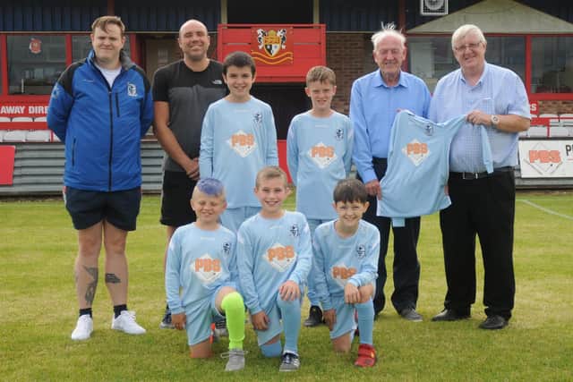 Pictured in 2019, Bridlington Rangers Robins shown with team manager Anthony Cooper, Shane Quinney(assistant manager), John Gibson (Rangers Chairman) and Pete Smurthwaite (PBS Construction N/E LTD) who have sponsored the team with a new playing kit for the coming season. John Gibson has retired as chairman