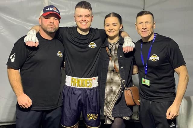 From left, coach Ryan Ashworth, George Rhodes Jnr, his wife Taylor and George's dad, and coach, George Rhodes Snr