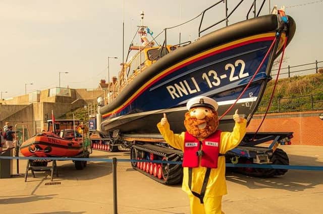 Mascot Stormy Stan is pictured with Bridlington RNLI’s all-weather boat Antony Patrick Jones. Photo courtesy of Mike Milner/RNLI