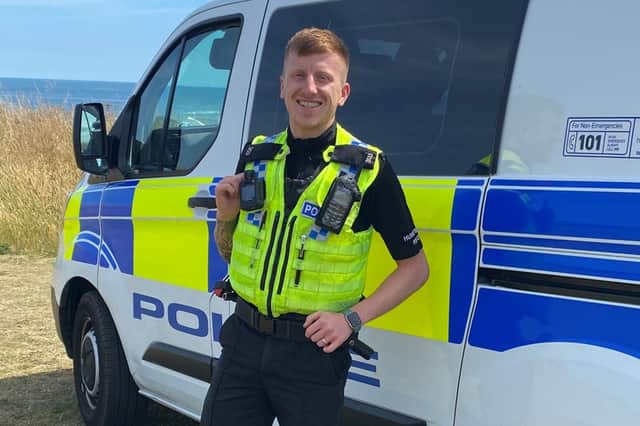 Josh Beasley-Hall, 25, has been a campaigner to raise awareness of Huntington’s disease and has been nominated by the Huntington’s Disease charity to carry the baton. Photo courtesy of Humberside Police
