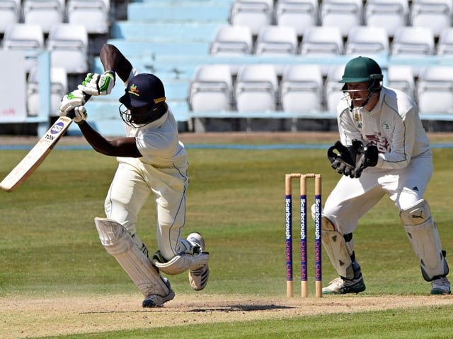 Scarborough CC batter Romario Roach uses his feet to good effect