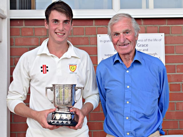 Hospital Bowl final Winning Ganton captain Will Bradley with Competition president Mick Blackborrow