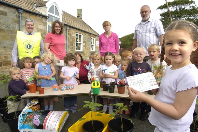 Whitby Lions present Hinderwell Playgroup with a cheque for gardening equipment.