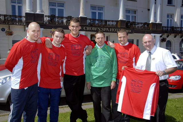The Crown Spa Hotel football team pictured with their new strip. From left, Peter Hildreth, Ross Flinton, Pete Sisson, Stuart Russell, Graham Sisson, and manager David Chambers.