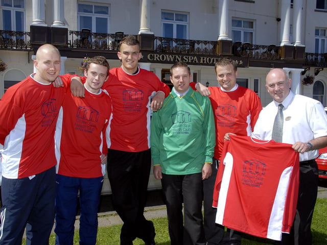 The Crown Spa Hotel football team pictured with their new strip. From left, Peter Hildreth, Ross Flinton, Pete Sisson, Stuart Russell, Graham Sisson, and manager David Chambers.