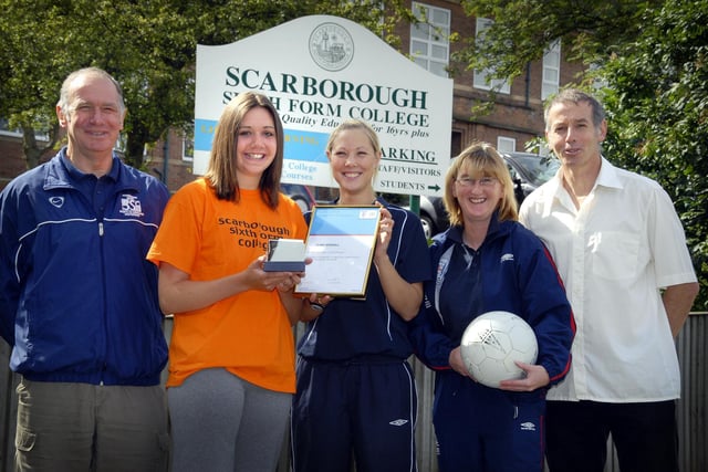 Clare Stockill, second left, is presented with the County Football Award at Scarborough Sixth Form College. From left, Mike Tildsley (partnership development manager with Scarborough and Filey Schools Sports Partnership), Clare, Emily Toase (women and girls football development officer with North Riding County FA), Gail Colling (Sixth Form College football coach), and Jim Meller (Sixth Form College head of PE and sport).