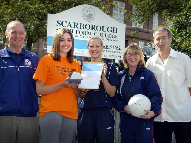 Clare Stockill, second left, is presented with the County Football Award at Scarborough Sixth Form College. From left, Mike Tildsley (partnership development manager with Scarborough and Filey Schools Sports Partnership), Clare, Emily Toase (women and girls football development officer with North Riding County FA), Gail Colling (Sixth Form College football coach), and Jim Meller (Sixth Form College head of PE and sport).