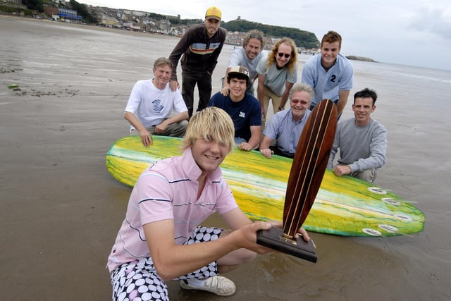 Scarborough Malibu Surf Club team who have come second in the national longboard surf championships. From left, back, Ian Kirk, Mark Dickinson, Stuart Cross, Steve Crawford and James Kirk. Middle, Tom Cross, Phil Thacker and Kevin Anderson. Front, Ryan Hammond, with the trophy.