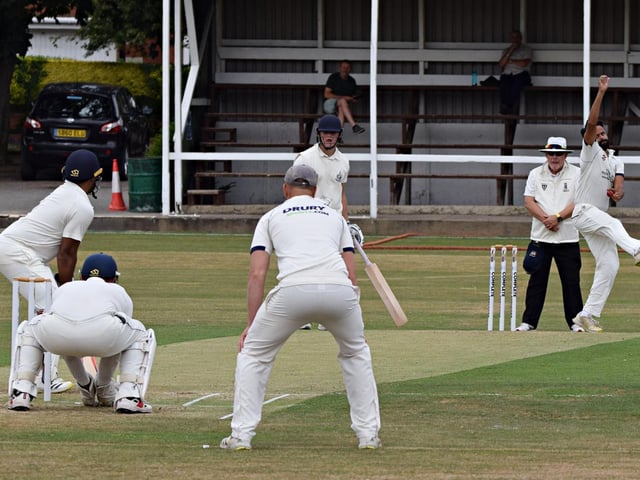 Driffield spinner Mayank Mishra bowls from the Pavilion End