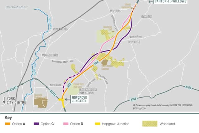 All three A64 upgrade proposals overlapping, to highlight how they differ. (Photo: National Highways)