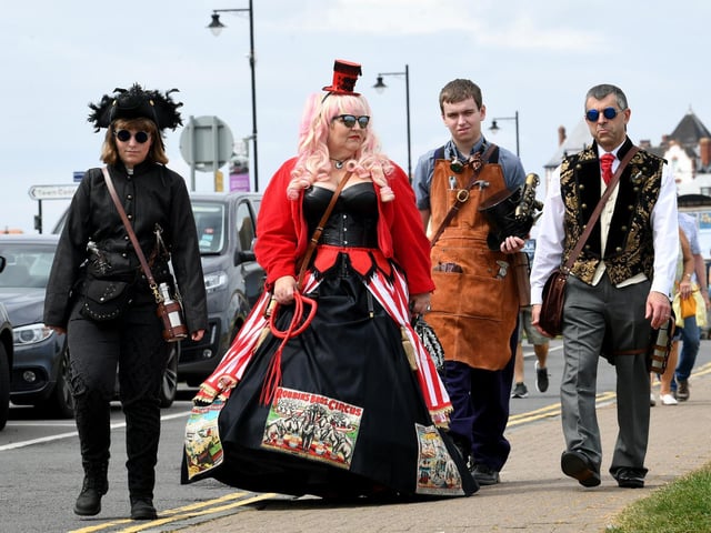 Steampunk visitors on Whitby West Cliff.