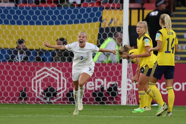 Beth Mead celebrates her goal against Sweden. Picture: Jonathan Moscrop/Getty Images