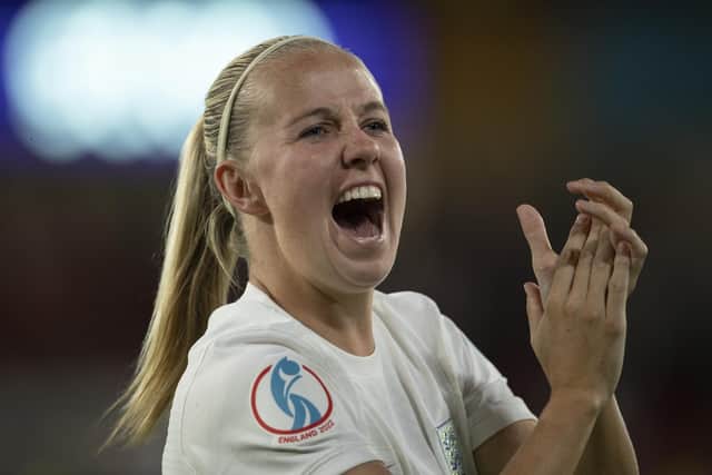 Whitby's Beth Mead celebrates with supporters after helping England Lionesses reach the Euro 2022 final, after beating Sweden 4-0 in the semi-finals. Picture: Getty Images.