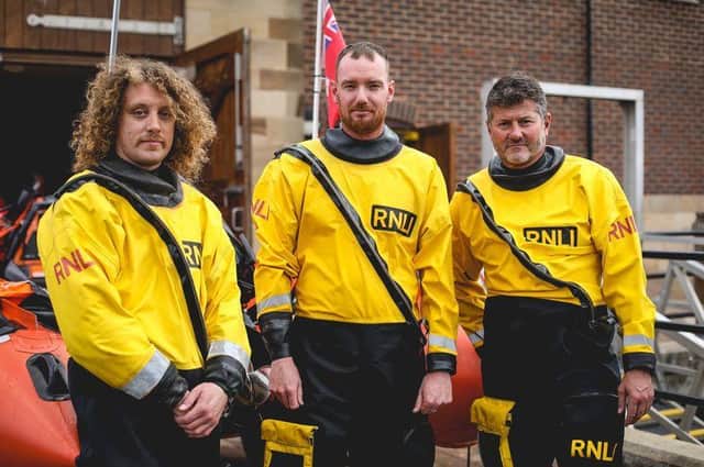 L-R: Adam Wright, Andrew Cass, and Matt Sharpe - the three RNLI volunteers involved in the rescue. RNLI/Ceri Oakes