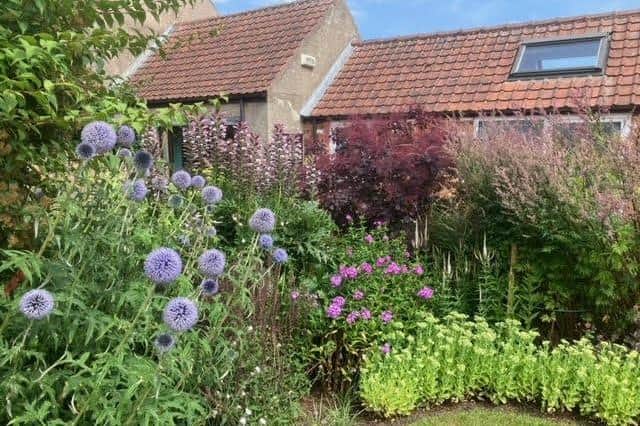 The NGS “Yellow Book” gives the following description of the garden: “Exuberant, lush, vibrant perennial planting highlighted with grasses in this hidden, peaceful and surprising garden offering many views and features.” Photo submitted