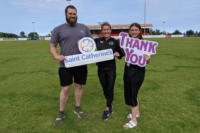 From left: David Mort (Valhalla Strength Club), Vicky Boyer (Barons Gym) and Ellie Fry (Saint Catherine’s fundraiser).